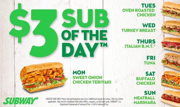Subway’s Sandwich of the Day only $3.99 Each!
